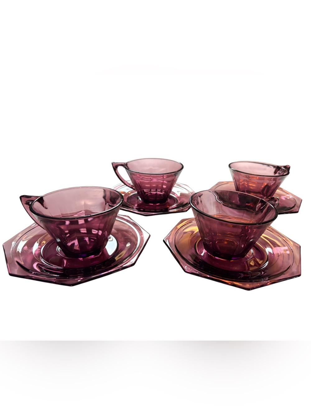 Vintage Hazel Atlas Moroccan Amethyst Glass Octagon Cup & Saucer Set of 4